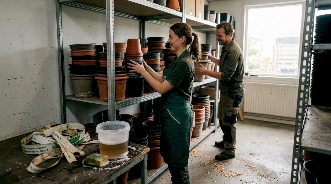 In het magazijn zijn medewerkers bezig met het netjes sorteren van gerecyclede plantenpotten.