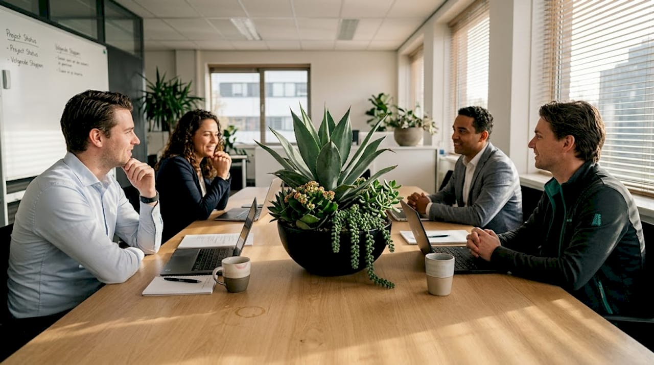 Een grote schaal met vetplanten als eyecatcher op de vergadertafel.