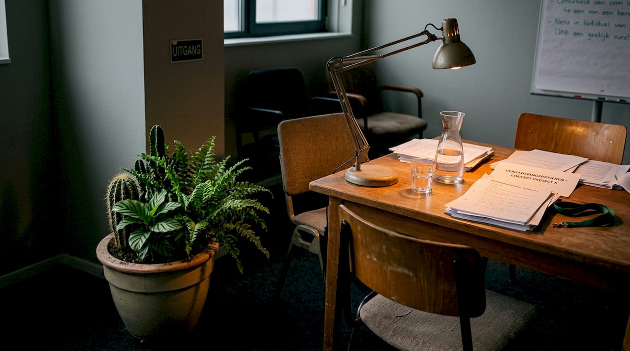 Een stijlvolle plantencombinatie als blikvanger in de vergaderruimte op kantoor.