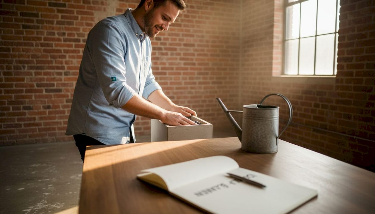 Een kantoor met een industriële uitstraling, waar stoere betonnen plantenbakken en veel groen zorgen voor een frisse sfeer.