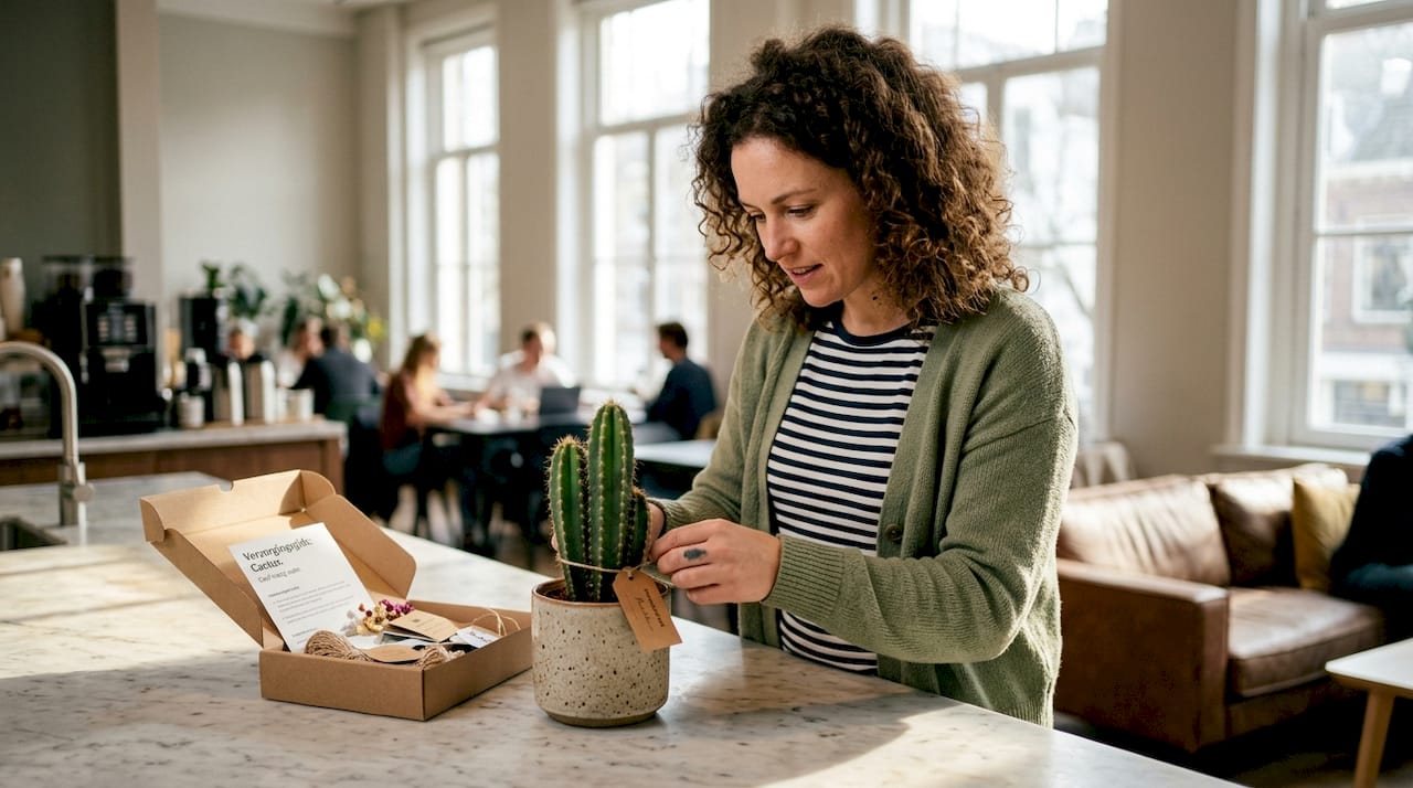 Een vrouw voorziet een cadeau-cactus van een persoonlijk kaartje met verzorgingstips.