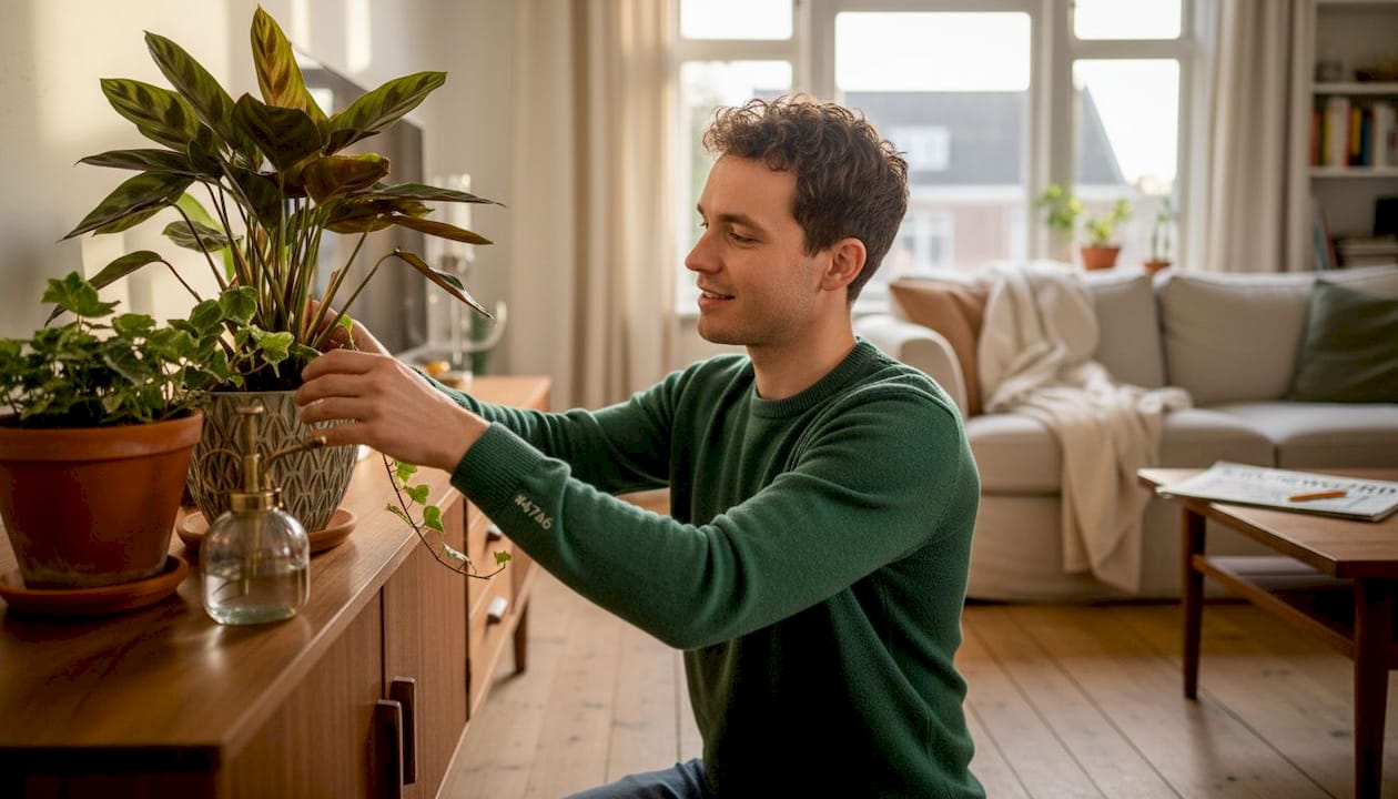 Een man is thuis bezig met het gezellig neerzetten van verschillende planten in potten.