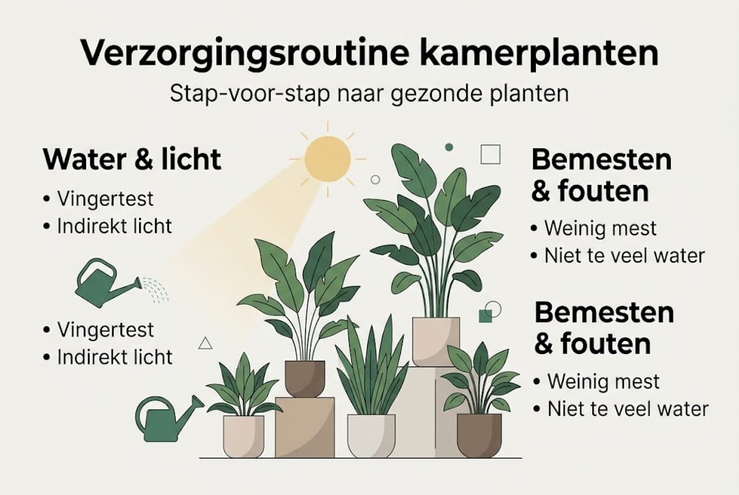 Infographic verzorgingsroutine kamerplanten overzicht