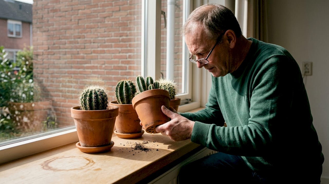 Een man bekijkt of het water goed wegloopt uit de cactuspot op de vensterbank.