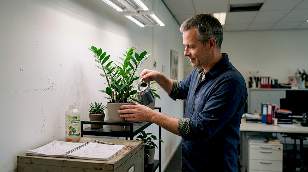 Een kantoor zonder ramen, maar wel met veel planten die onder groeilampen staan.