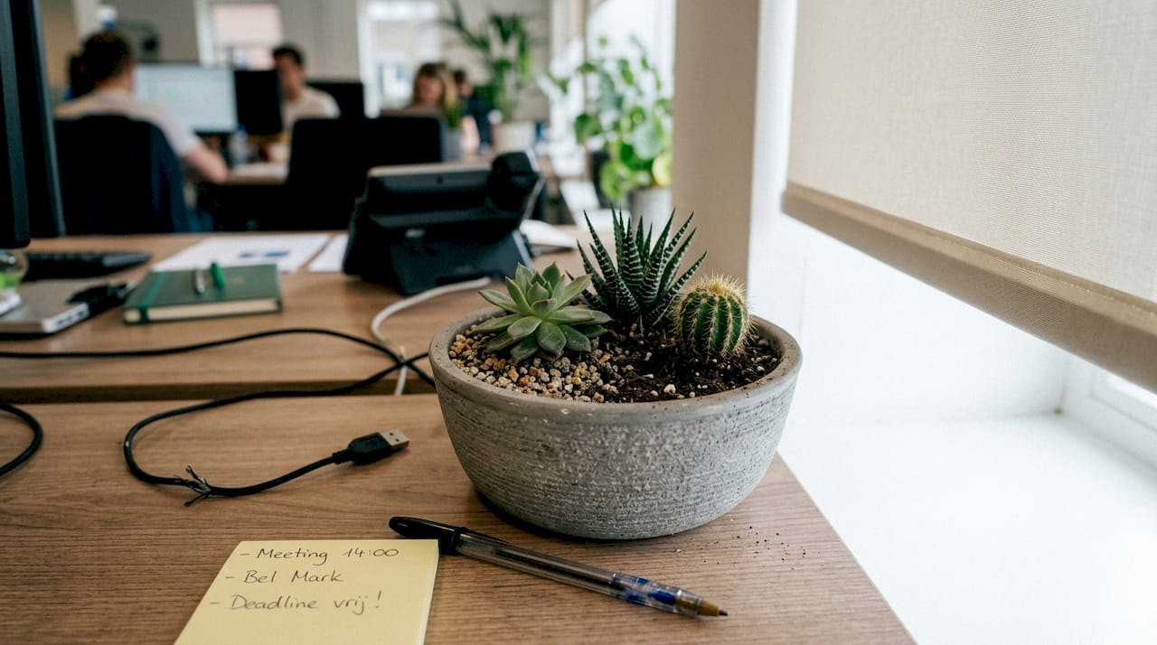 Een mix van cactussen en vetplanten zorgt voor een frisse en groene touch in de kantoorhoek.