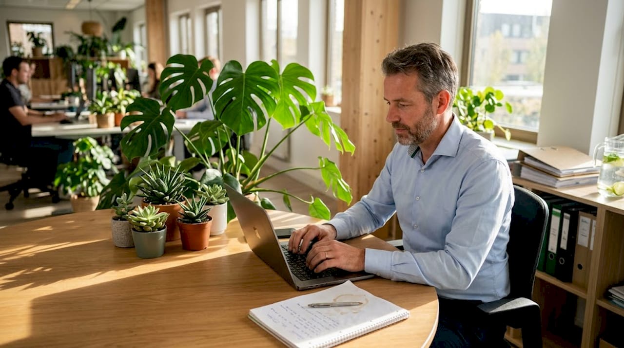 Een man werkt geconcentreerd aan zijn bureau, omringd door weelderige kantoorplanten die voor een groene en sfeervolle werkomgeving zorgen.