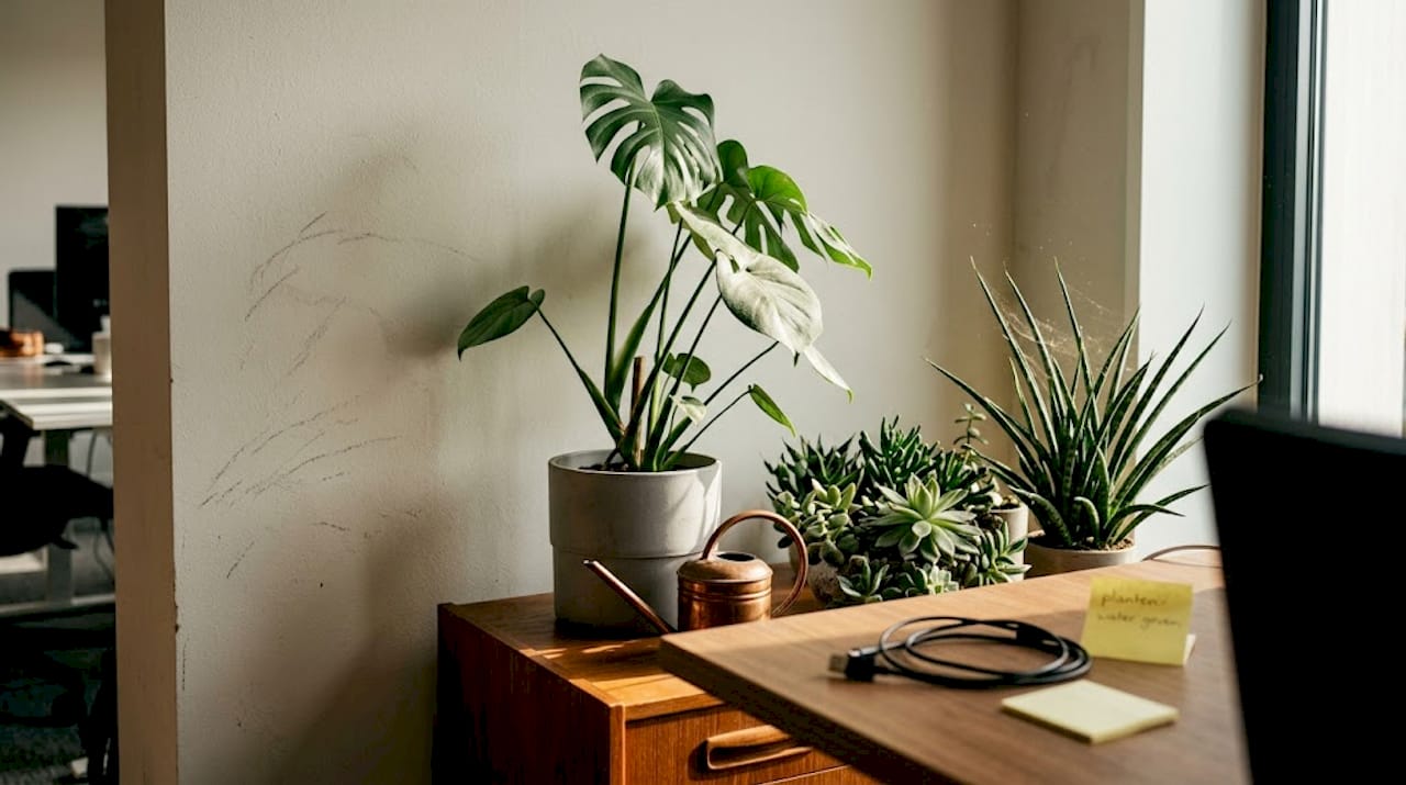 Een gezellige hoek op kantoor met een mix van verschillende kamerplanten