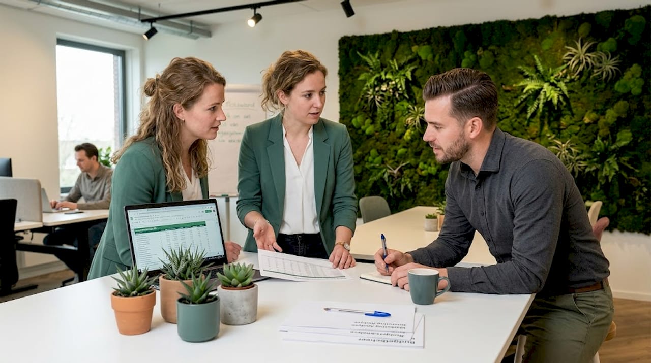Collega’s aan het werk te midden van groene vetplantjes en een moswand