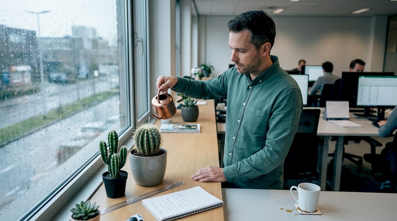 Man geeft zowel echte als nep-cactussen op kantoor regelmatig aandacht
