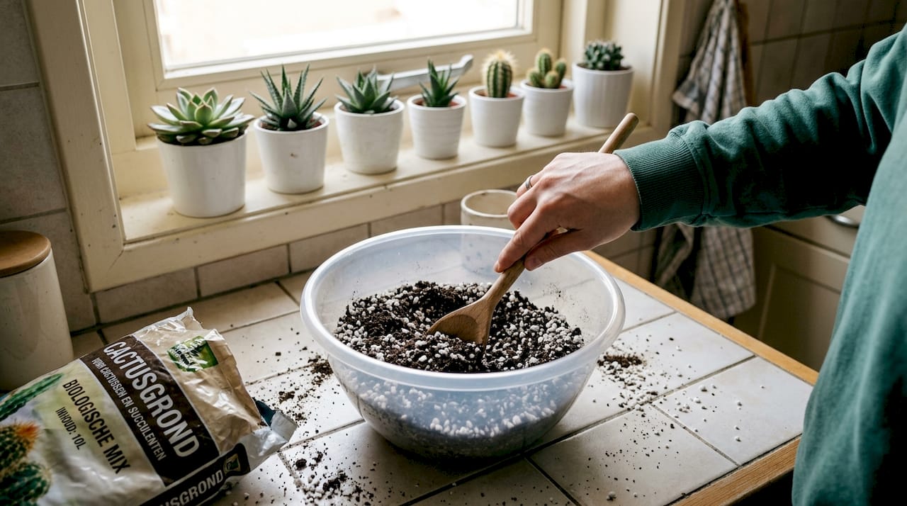 Met de hand cactusgrond en perliet goed door elkaar mengen