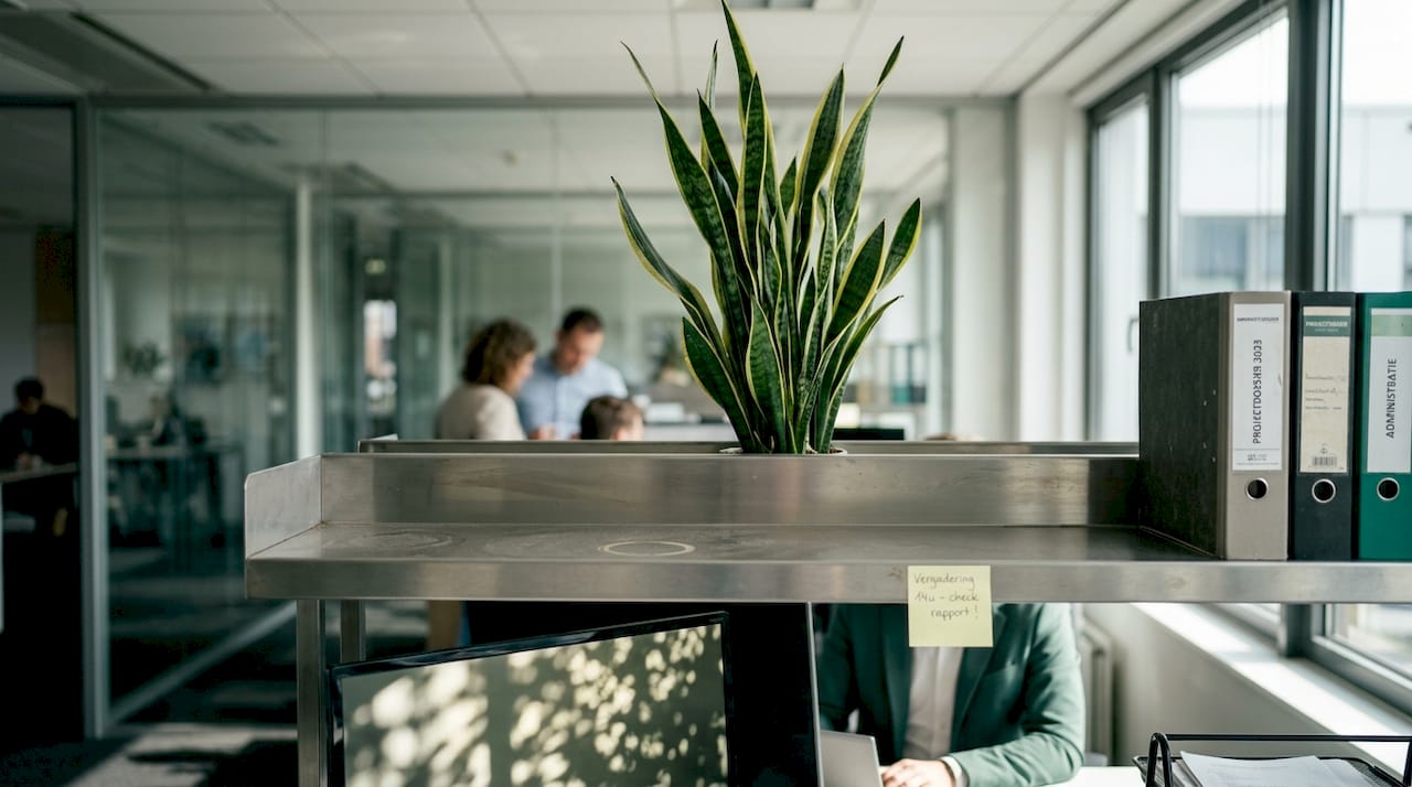 Een sansevieria op de plank in de gezamenlijke kantoortuin
