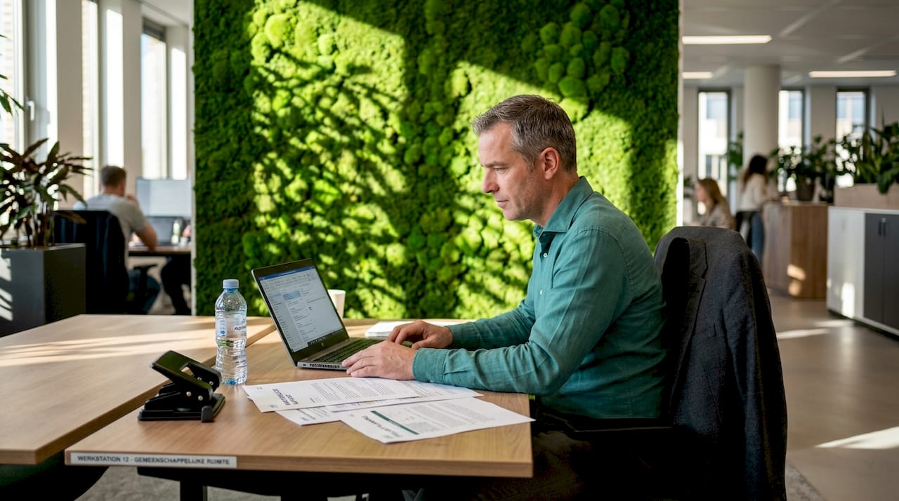 Medewerker aan het bureau naast een mosgroene scheidingswand