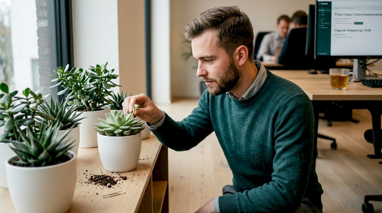 Man volgt de groei van zijn kantoorplanten op de voet