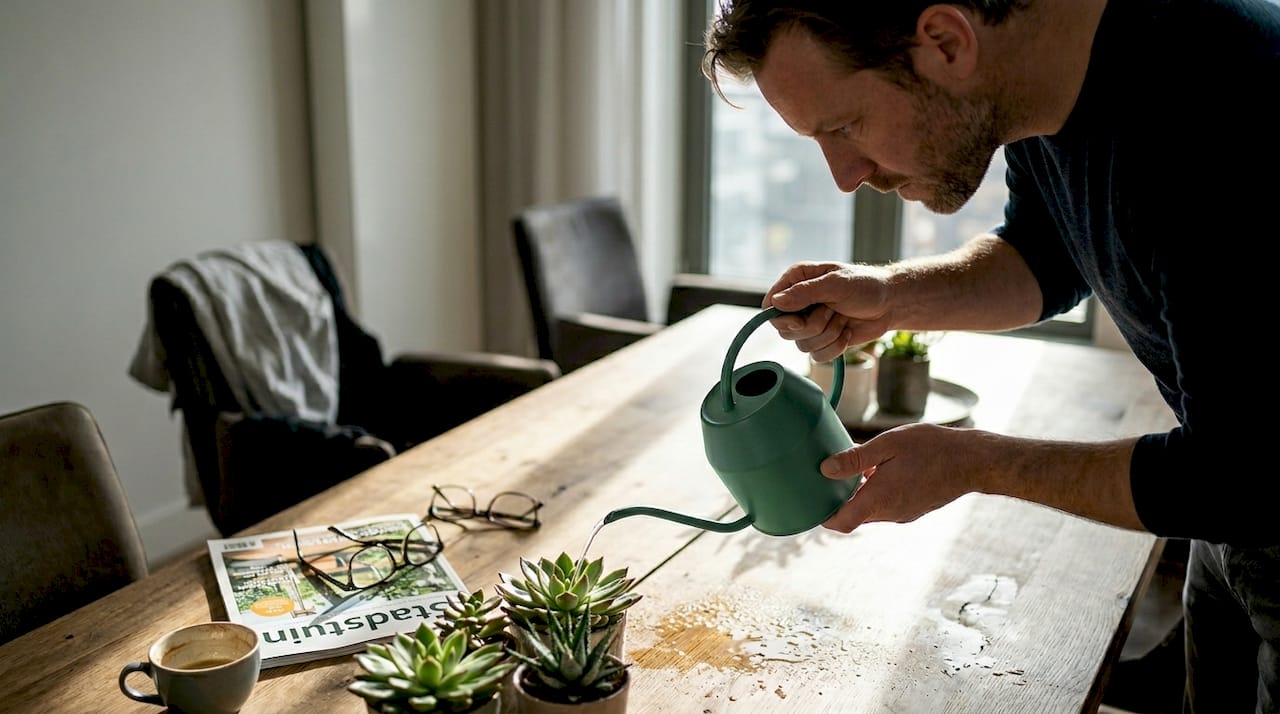 Een man geeft zijn vetplanten op de eettafel water.