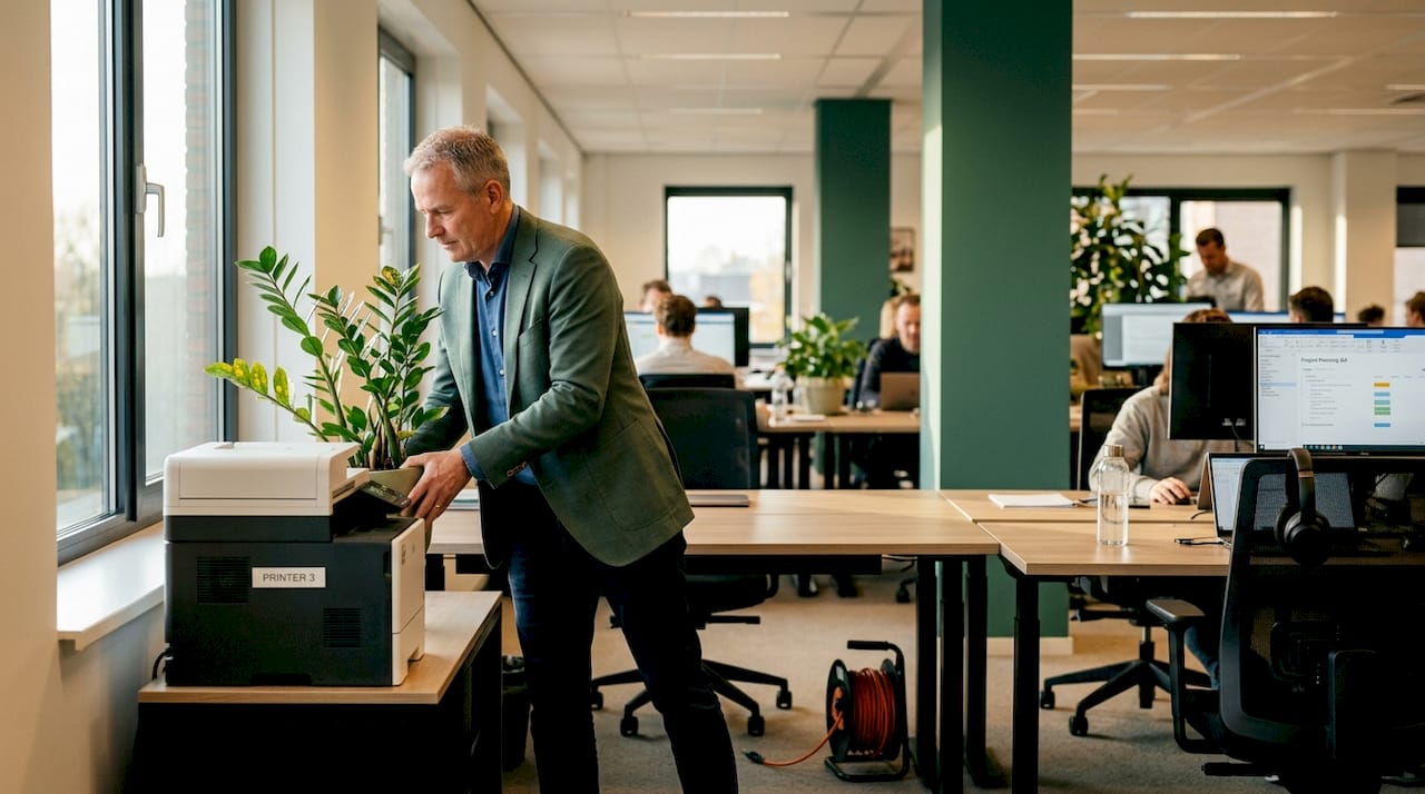 Man zet plant op andere plek om tocht in kantoor te voorkomen