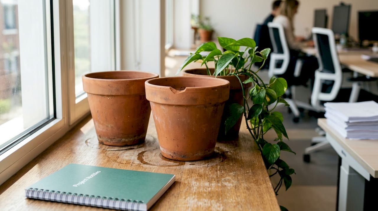 Terracotta potten zorgen voor een sfeervol accent op kantoor