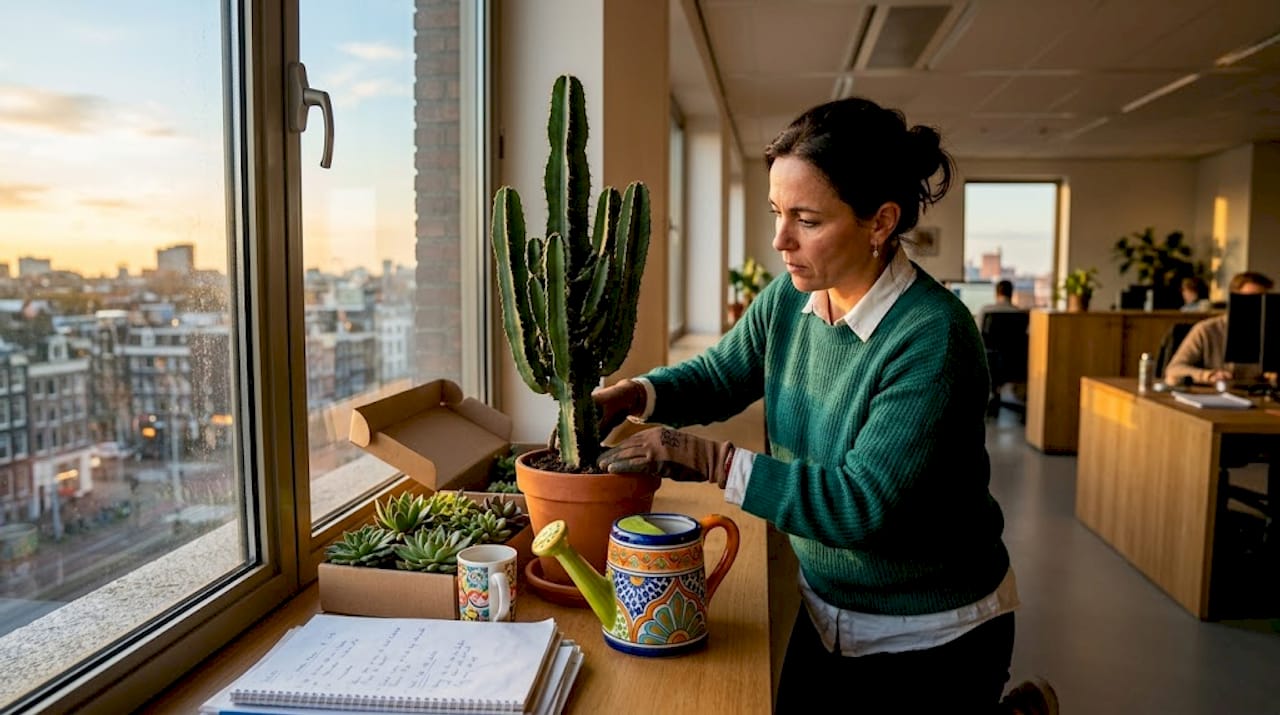 Een medewerker verzorgt de planten op de vensterbank van het kantoor.