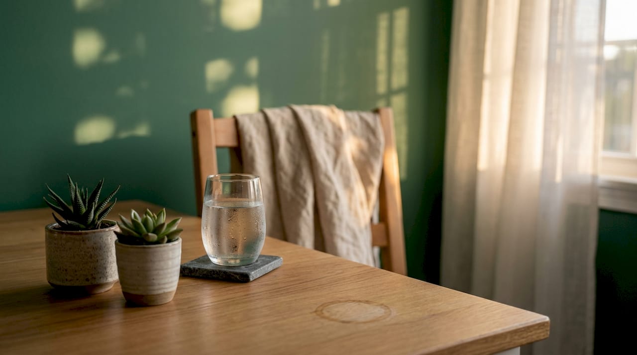 Een werkplek waar zachte groentinten en natuurlijke materialen zorgen voor een rustige en inspirerende sfeer.