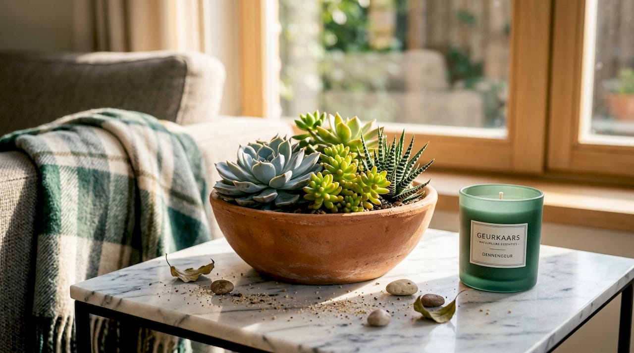 Een decoratieve schaal met diverse vetplantjes staat op tafel.