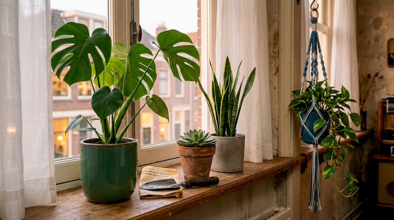 Een gezellige vensterbank vol kamerplanten in verschillende potten