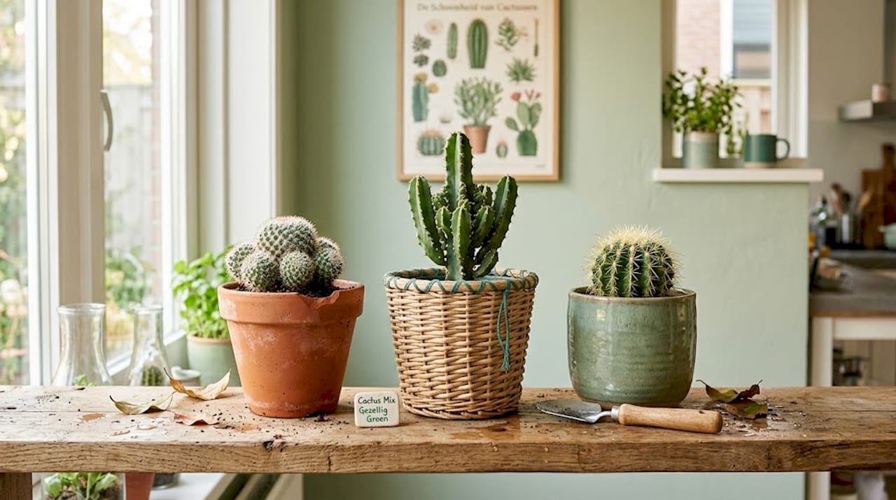 In de woonkamer staat een plank vol met allerlei soorten cactussen in leuke potjes.