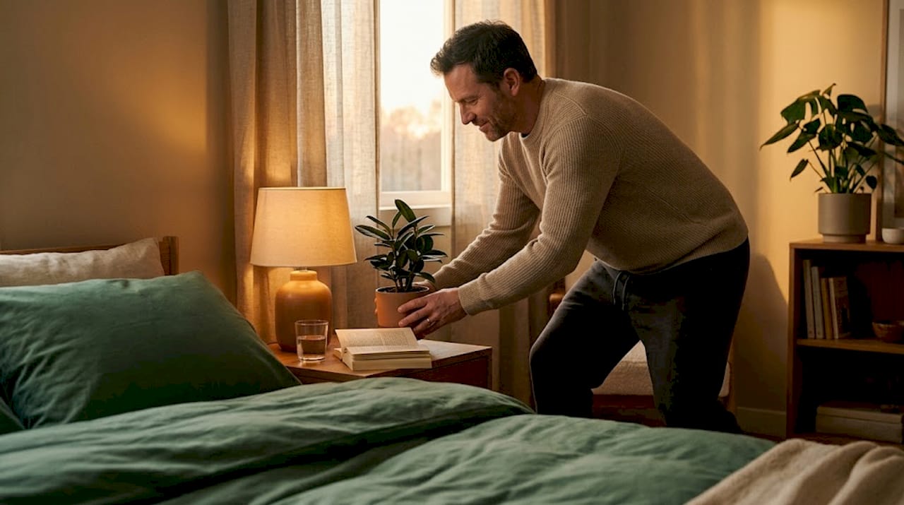 Man zet een plant neer in de slaapkamer