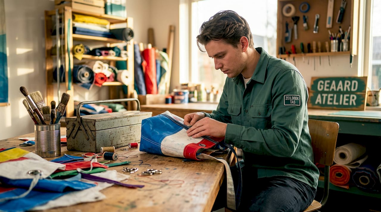 Man maakt een hippe boodschappentas van een oud zeil