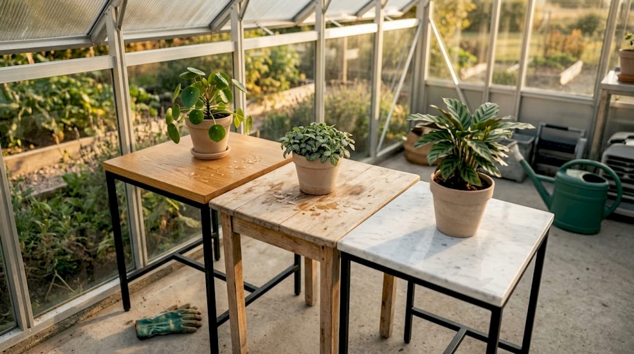 Verschillende materialen van plantentafels overzichtelijk naast elkaar gezet