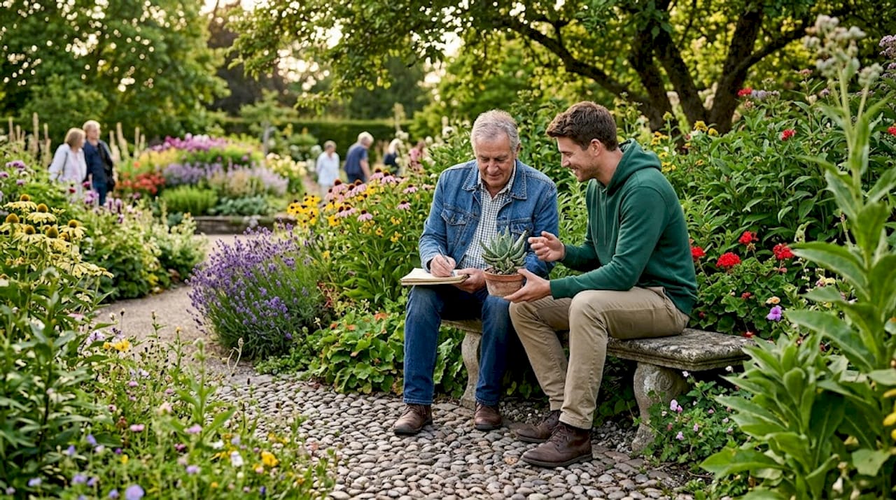 Twee mannen wisselen hun plantenkennis met elkaar uit.