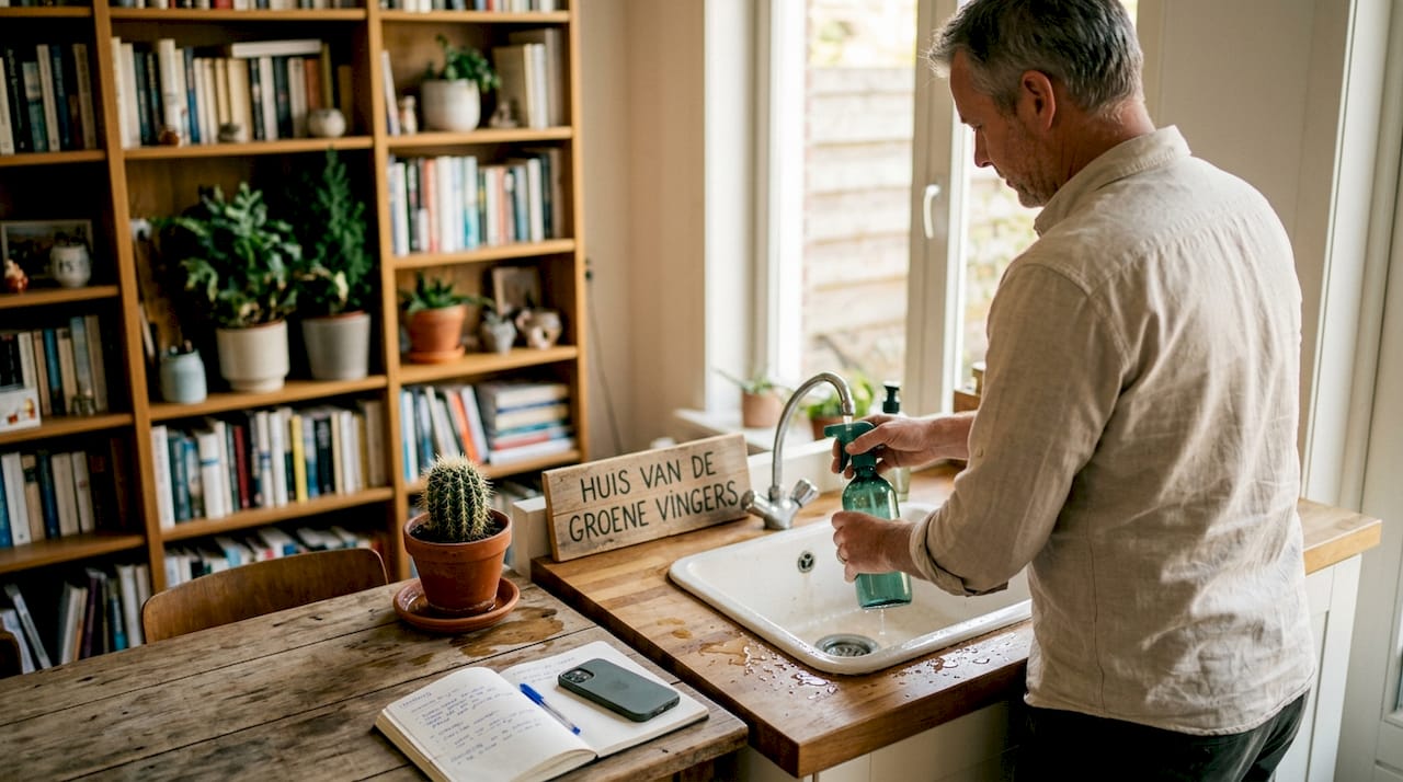 Man vult zijn plantenspuit bij terwijl hij tussen de vetplanten op de boekenplank staat
