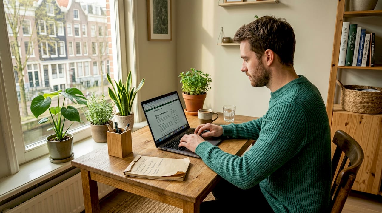 Man aan het werk in een kantoor ingericht met veel natuurlijke materialen