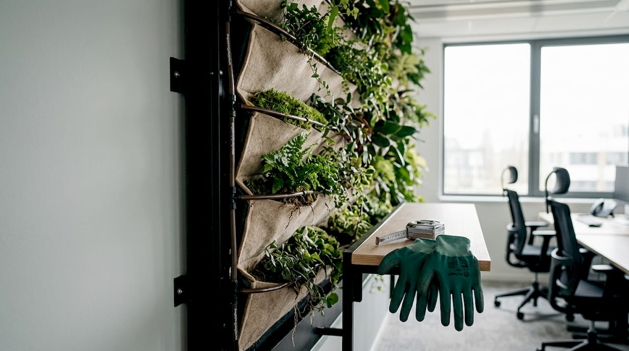 Detailopname van de onderdelen van een groenwand