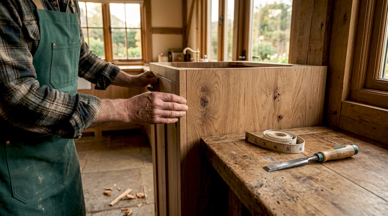 Een vakman plaatst een op maat gemaakte eikenhouten kast.