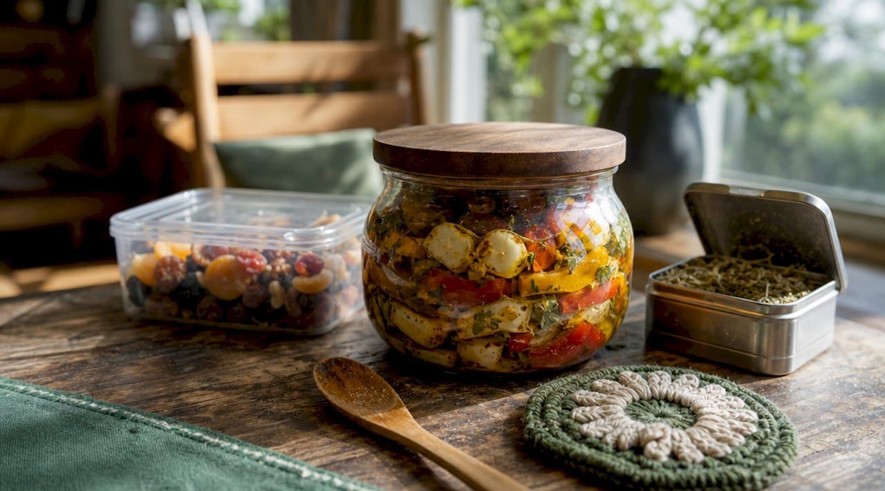Bovenaanzicht van potjes en flessen van glas, plastic en metaal