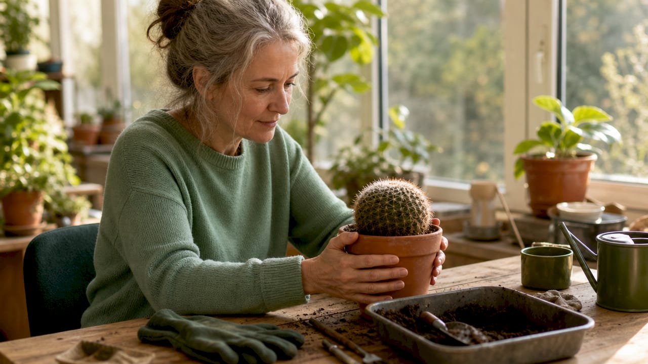 Met beide handen wordt het cactuspotje bij het raam een stukje gedraaid.