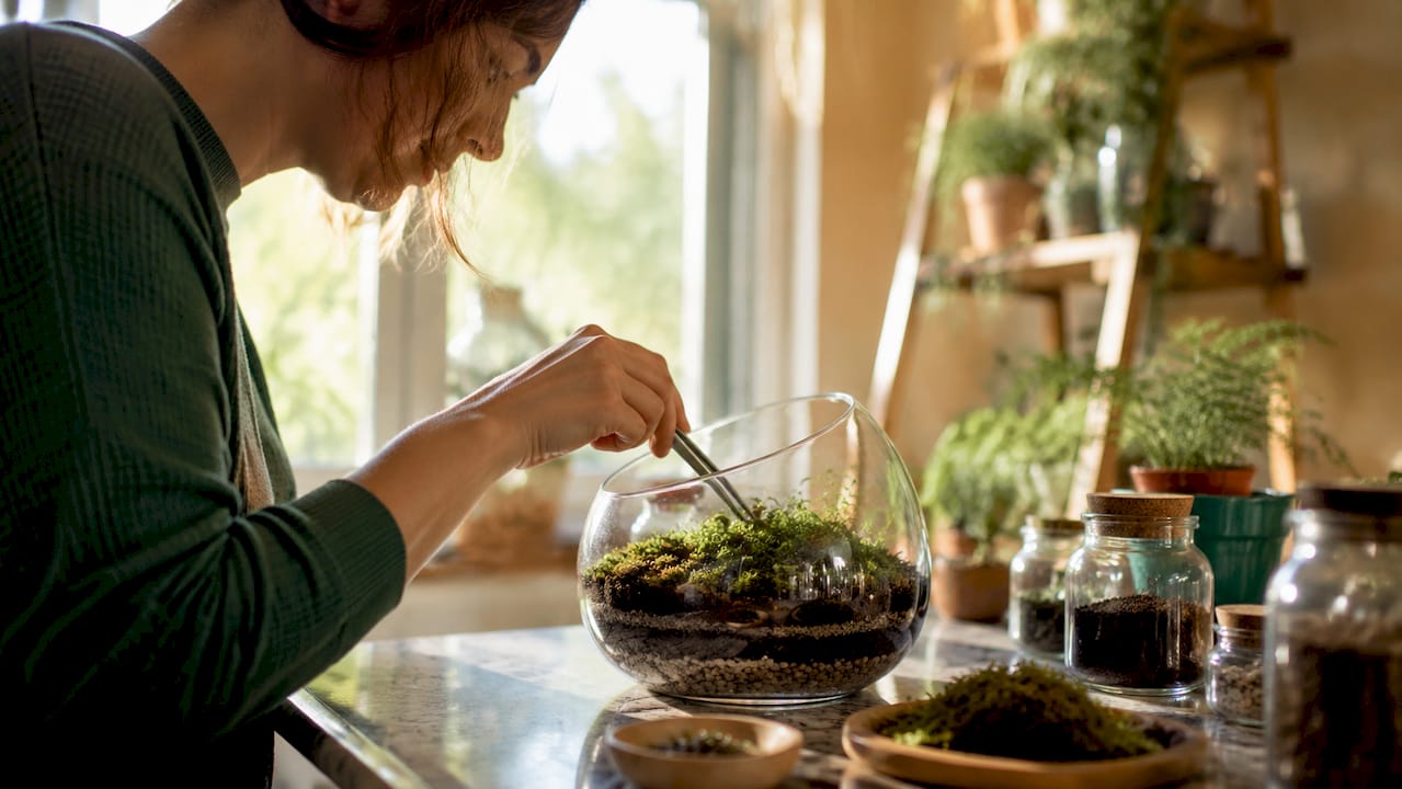 Met zorg worden plantjes in een glazen terrarium gezet