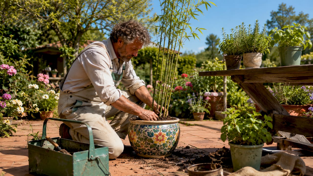 De hovenier houdt zich bezig met het onderhoud van bamboe en hagen in de tuin.