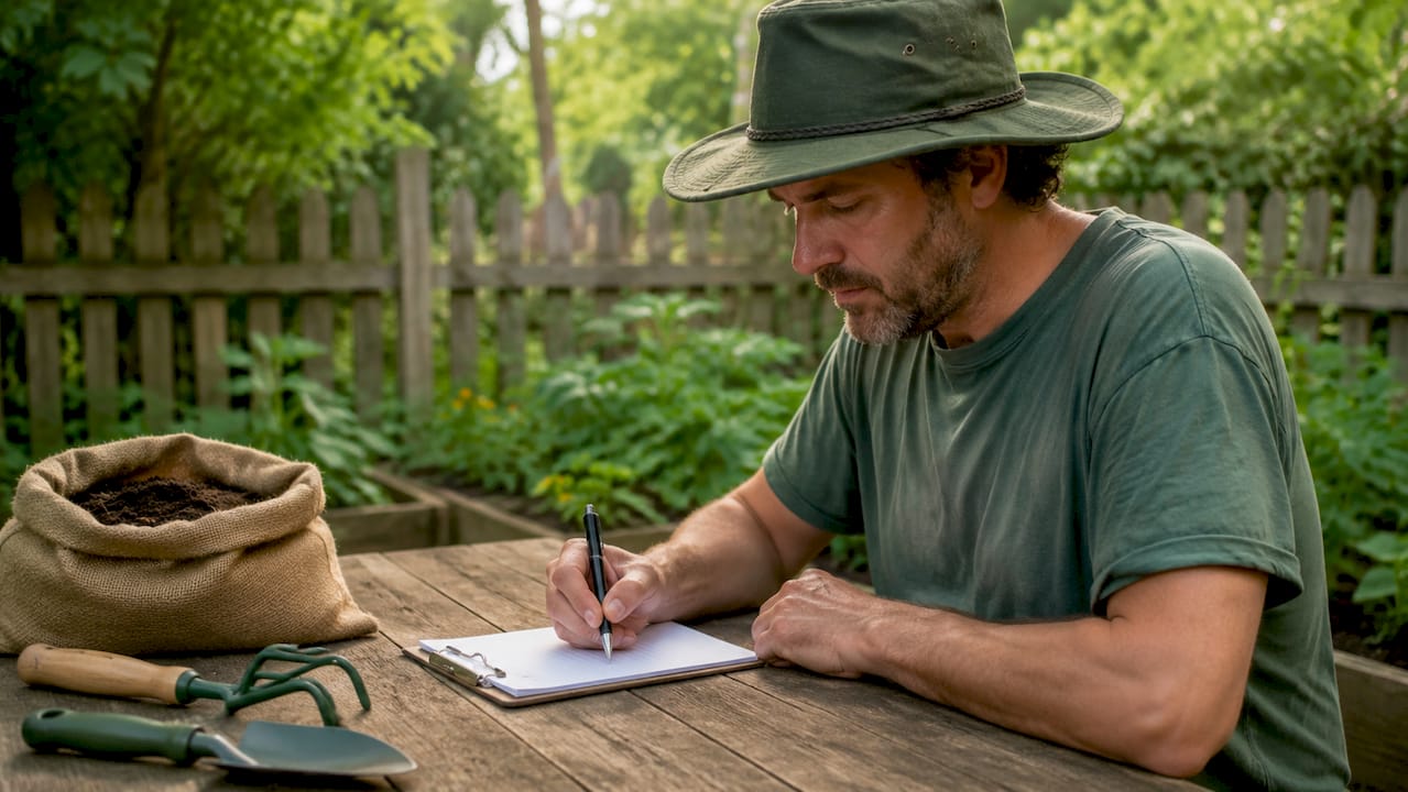 Een mannelijke inspecteur bekijkt de planten nauwkeurig in het veld.