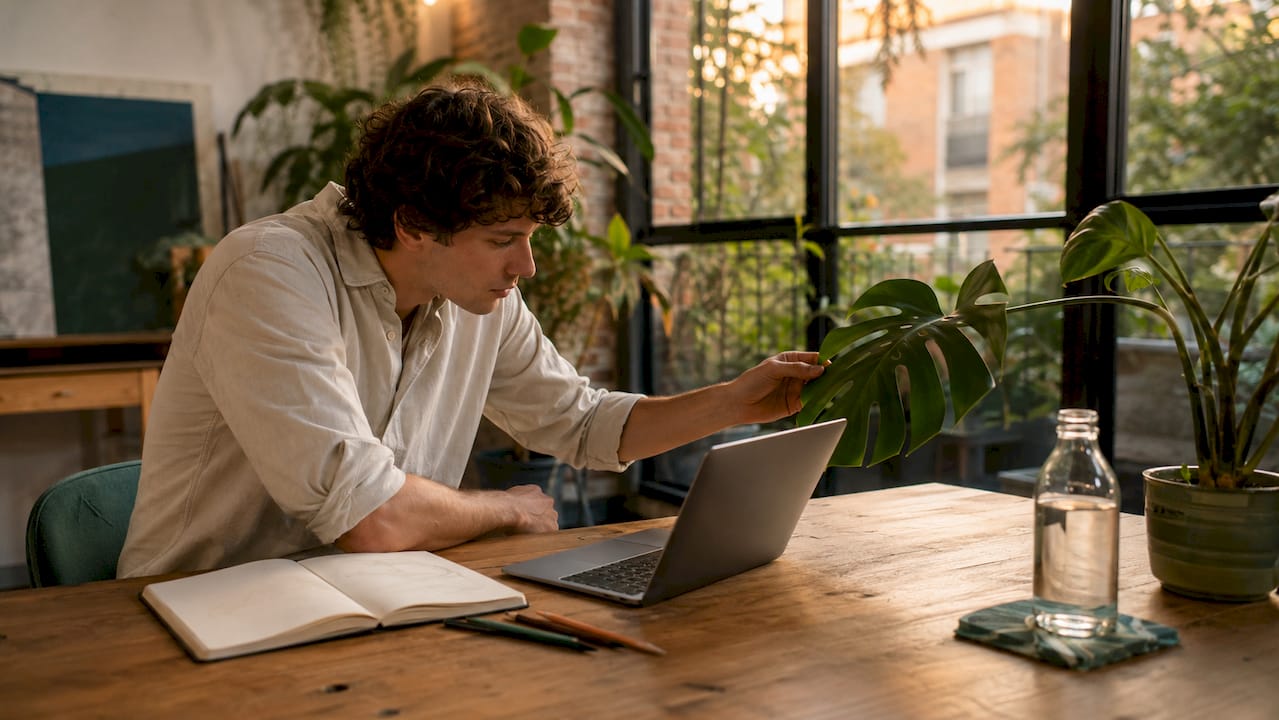 Man zit aan zijn bureau met een monstera plant naast zich