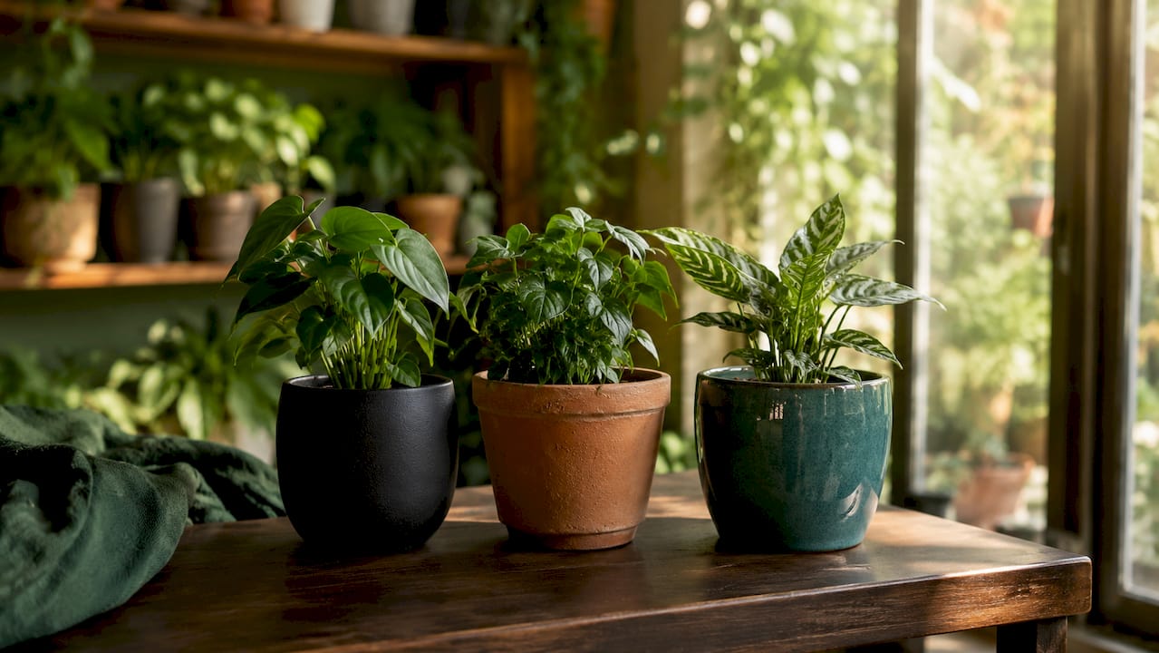Een plank vol plantenpotten in allerlei materialen