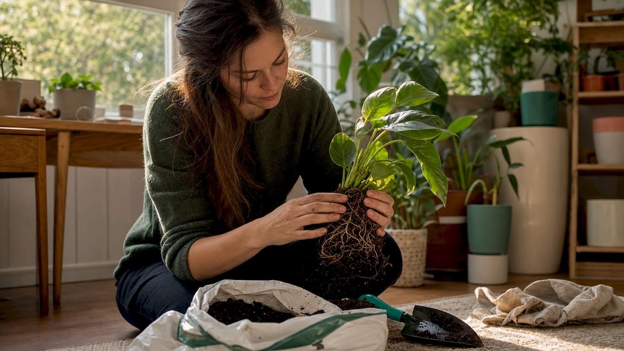Met je handen controleren hoe diep de wortelkluit van je kamerplant is