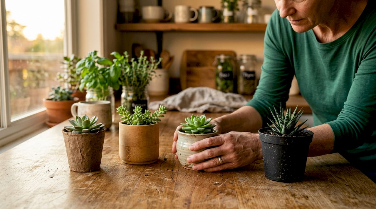 Op tafel staan verschillende duurzame bloempotten, elk met hun eigen karakter.