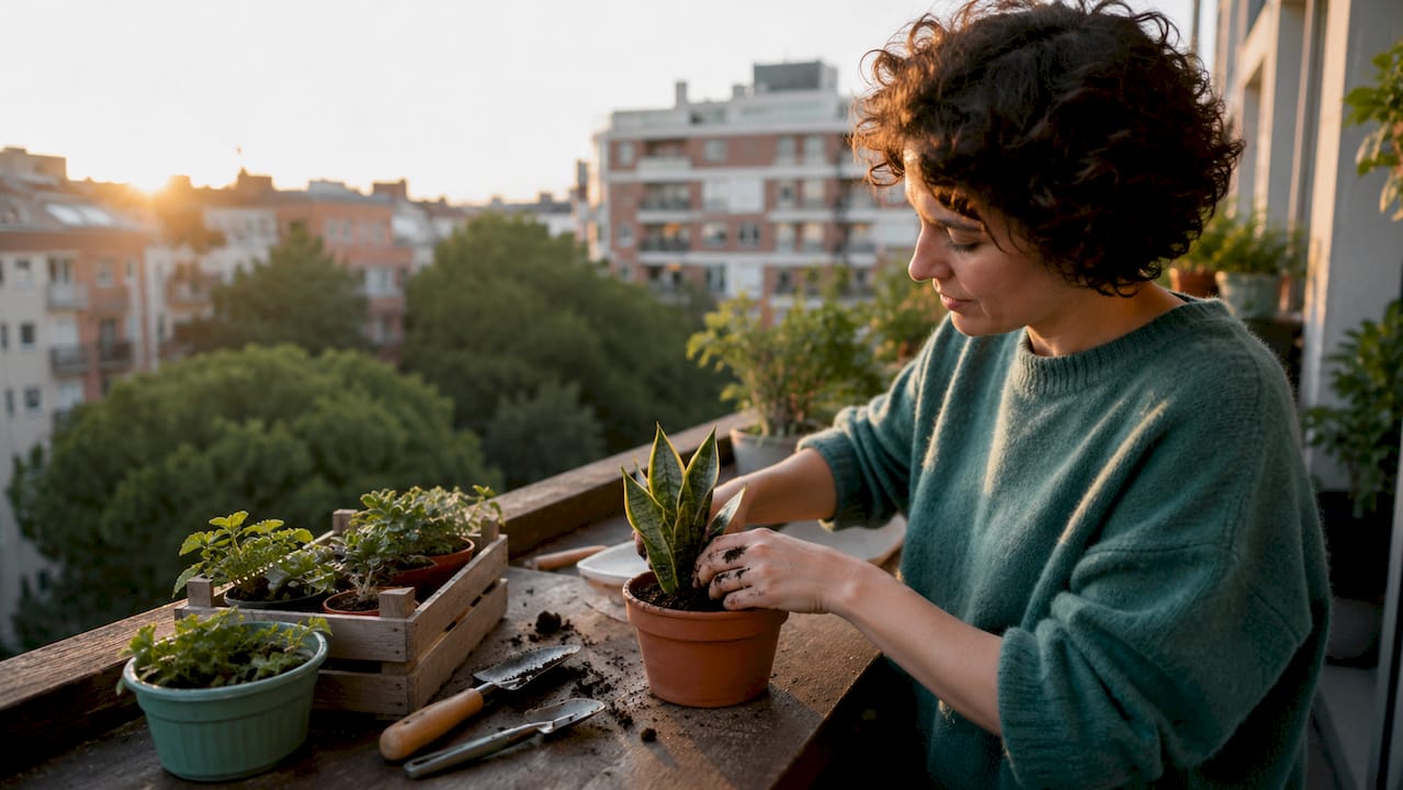 Handen aan het oppotten van een onderhoudsarme Sansevieria