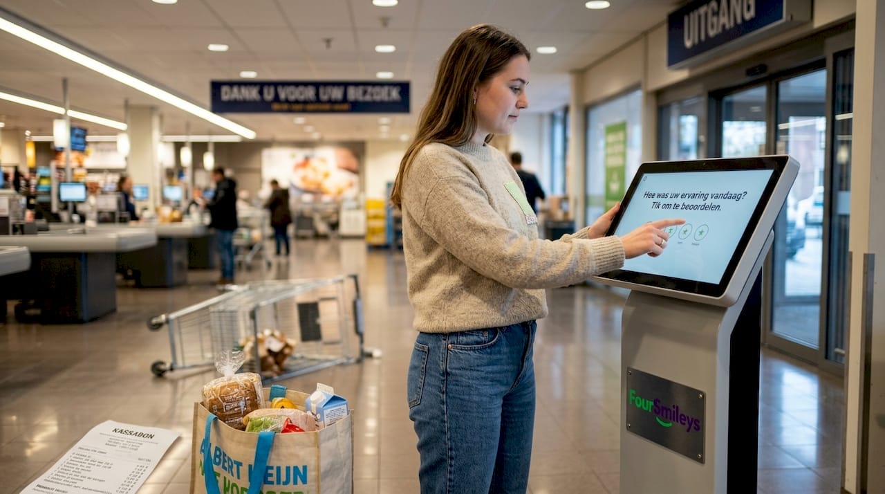 Vrouw geeft haar mening via touchscreen in de supermarkt