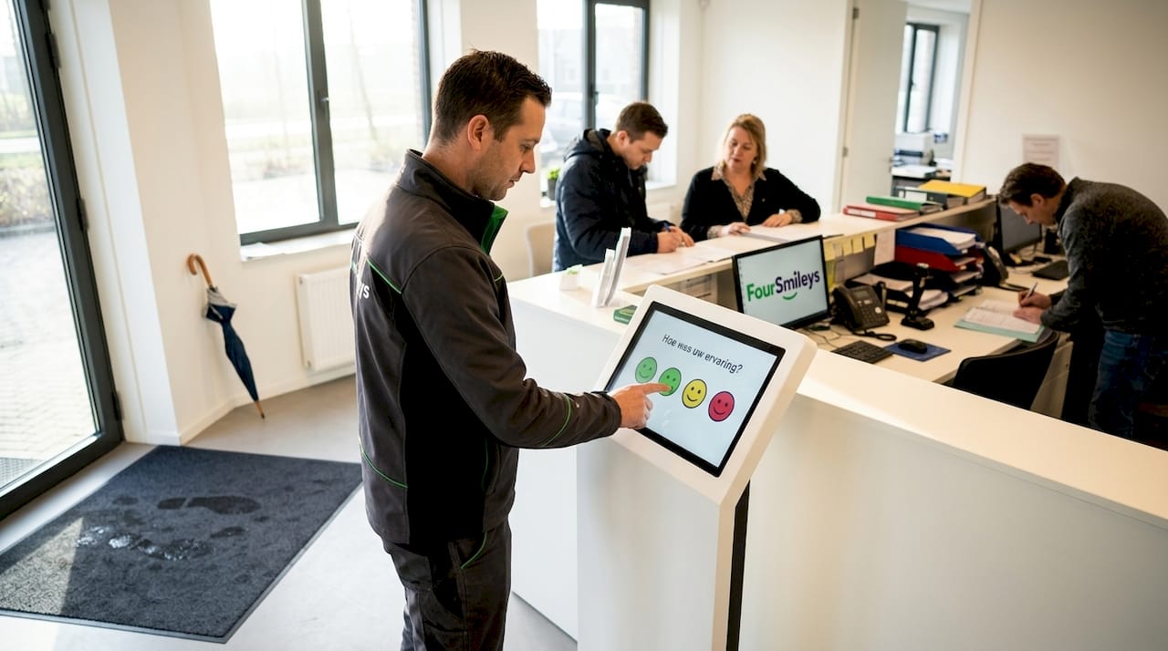 Iemand deelt feedback met een glimlach op kantoor.