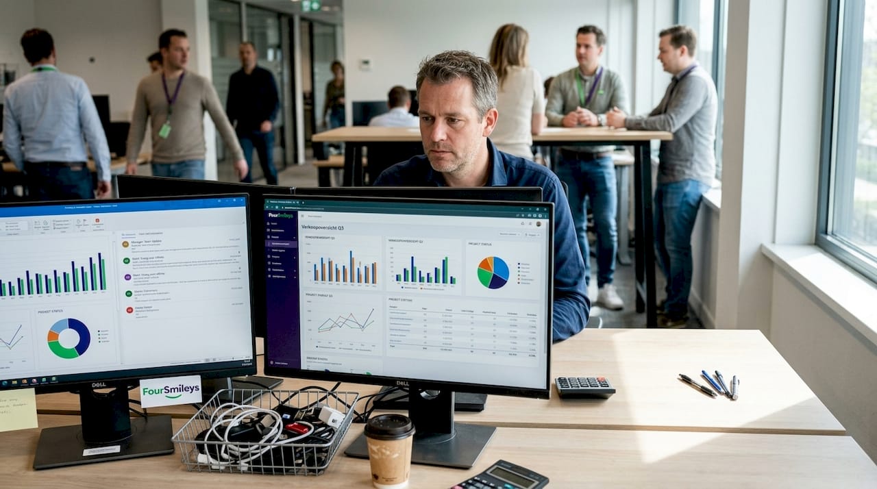 De teamleider houdt toezicht op het dashboard met klantrelaties.