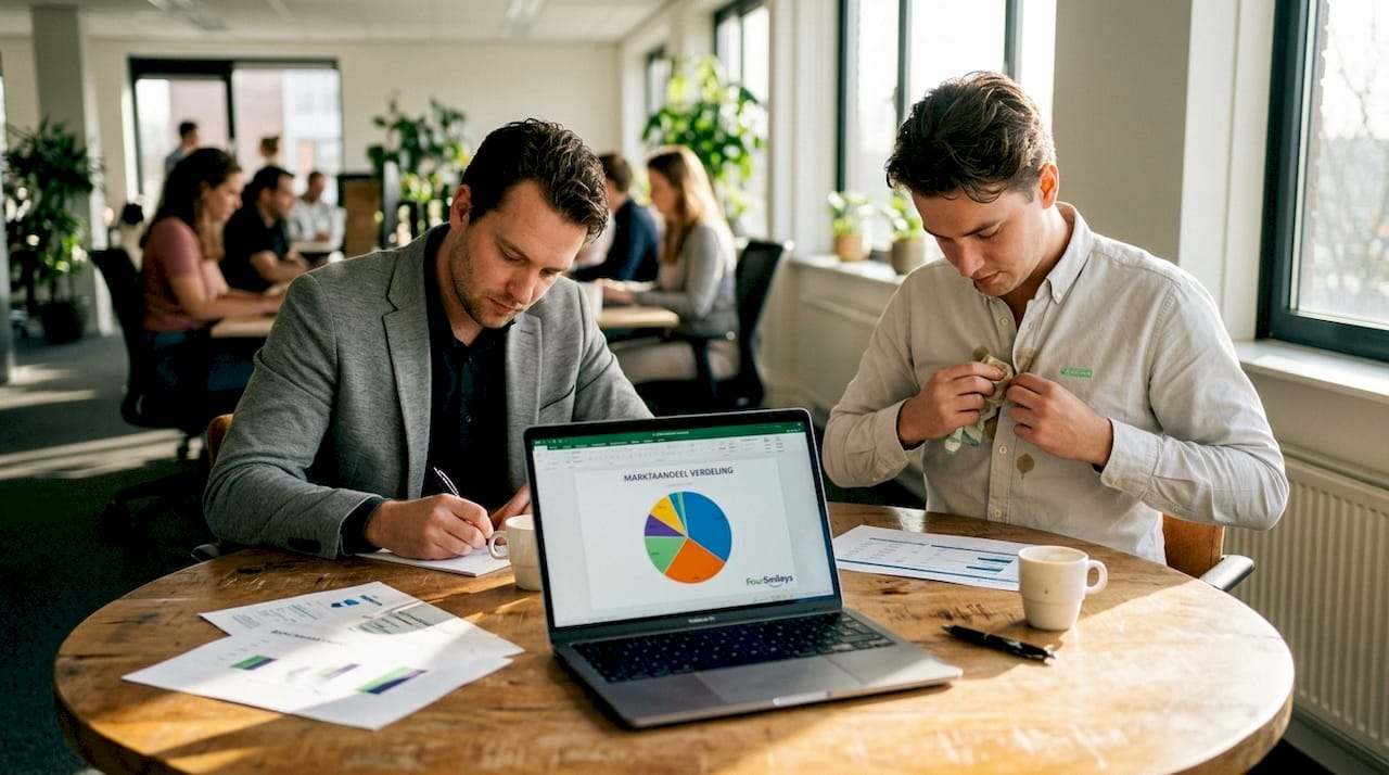 Aan de vergadertafel nemen collega’s samen het benchmarkrapport door.