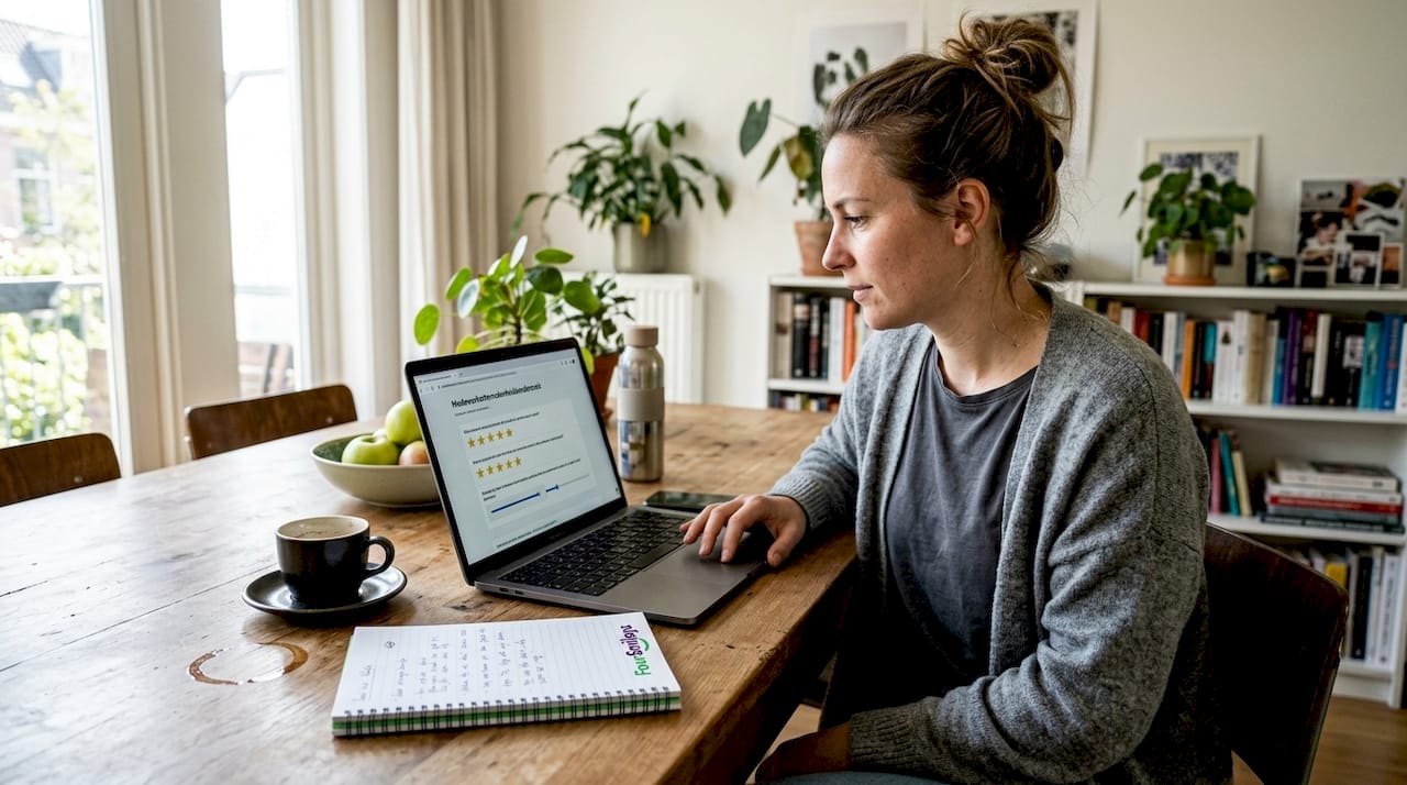Aan de keukentafel vult een vrouw rustig een feedbackformulier in.