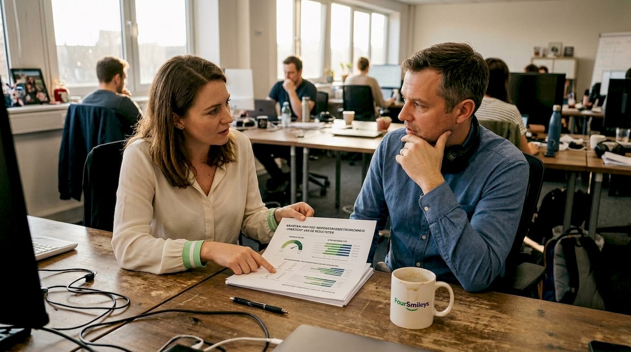 In de kantoortuin neemt een medewerker samen met een klant de ontvangen feedback door.